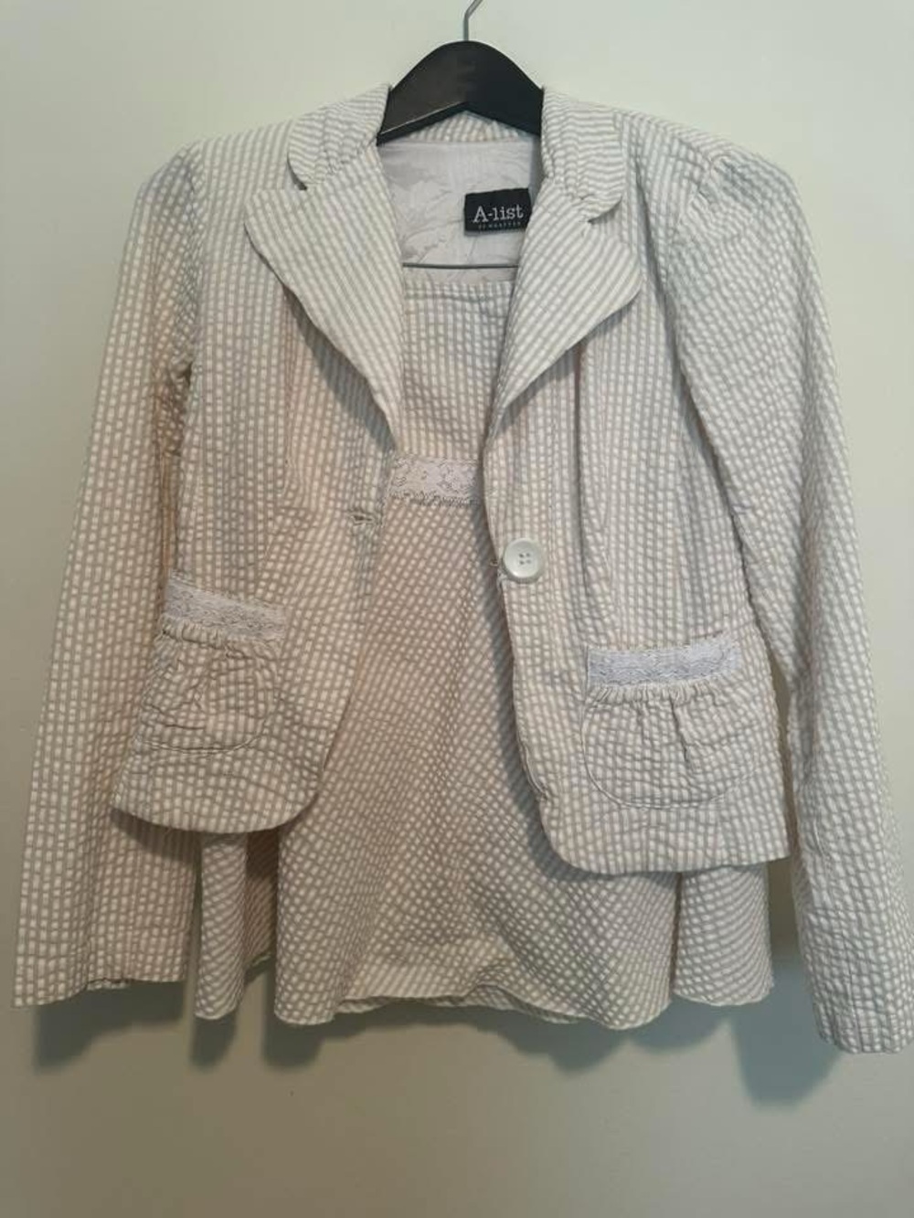 A-list Cream Seersucker Blazer with Lace Trim